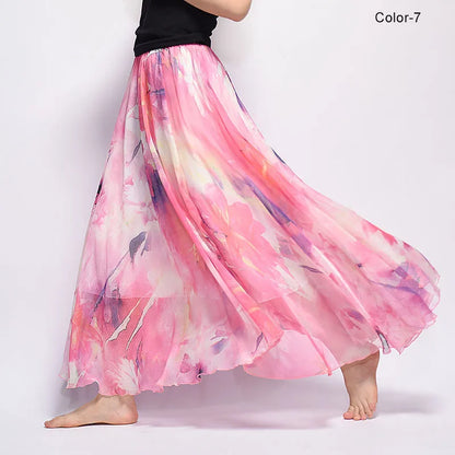 New Fashion 2025 Women's BOHO Elegant Florals Print Chiffon Long Skirt Ladies Slim High-Waist Elastic Waist Pleated Skirts SK15