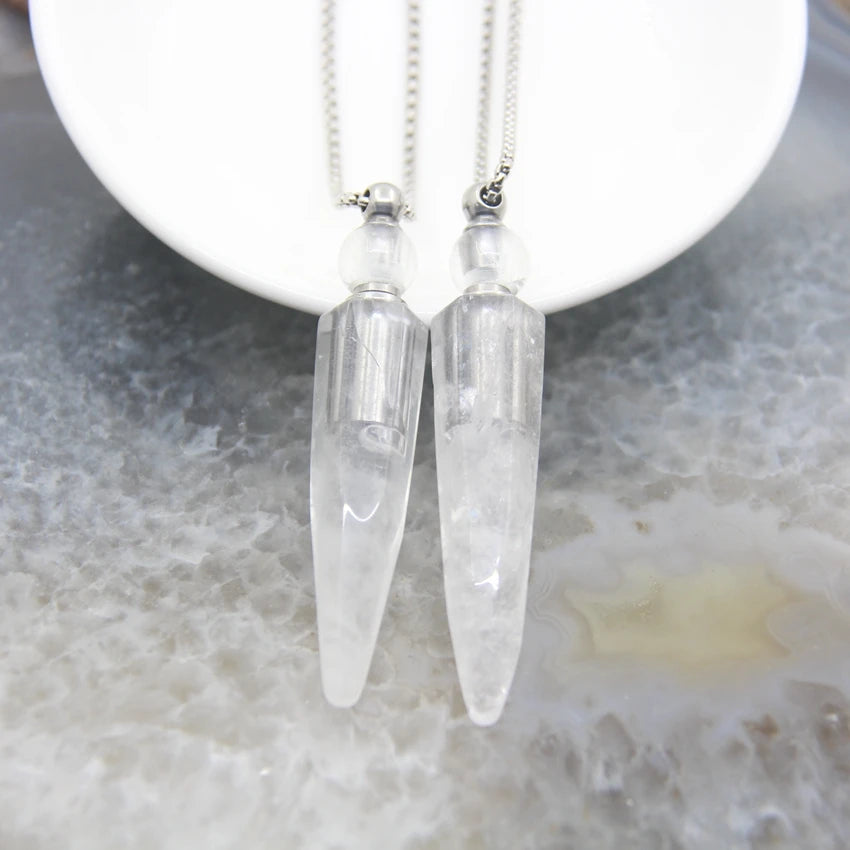 New! Rainbow Aura Titanium Raw Crystal Point Perfume Bottle Necklace Pendants,AB Quartz Essential Oil Diffuser Vial Charms Chain - AMULET RING STORE