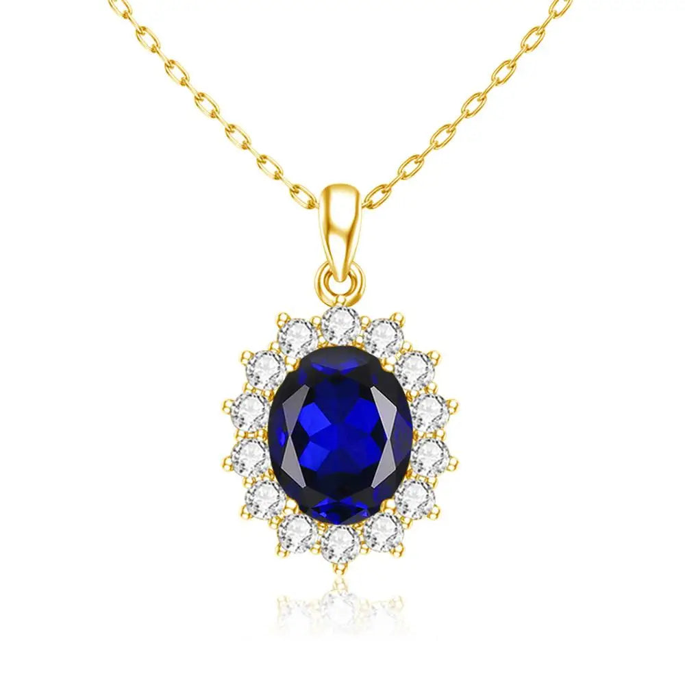 Szjinao Luxury Gold Pendant For Women Real 925 Sterling Silver Shiny Blue Sapphire With Cubic Zirconia Gemstone Fine Jewelery