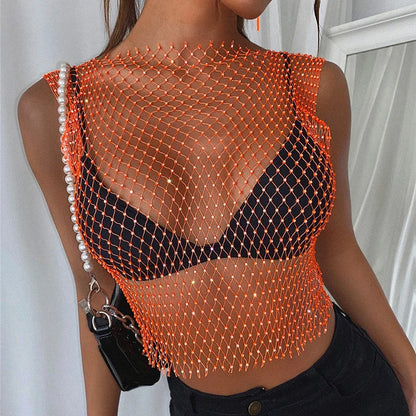 Women's Fishnet Rhinestone Crop Top 2024 Summer Sexy Mesh High Elastic Black White Shirt Net See Through Rave Diamond Tank Top - AMULET RING STORE