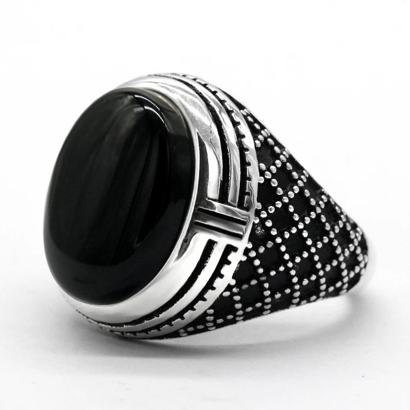 925 Sterling Silver Men Ring Bezel Setting Natural Black Agate Stone Retro Punk Thai Silver Ring for Man Women Silver Jewelry AMULET RING STORE