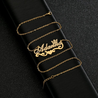 Atoztide Trendy Custom Frosted Name Letter Necklace Stainless Steel Personalized Crown Zircon Pendant for Women Jewelry Gift