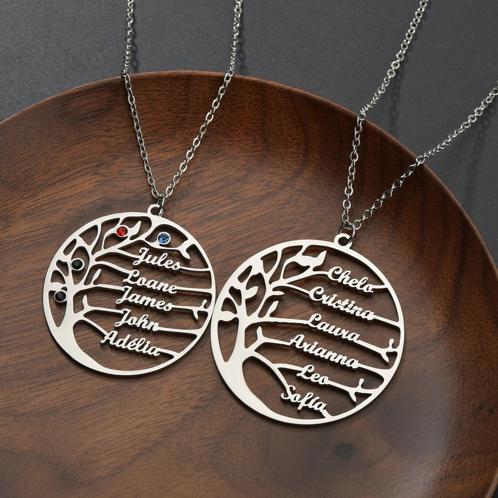 Life Tree Family 1-6 Names Necklace Personalized Stainless Steel Summer Nameplate with Birthstone For Women Men Birthday Gift