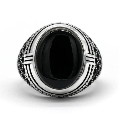 925 Sterling Silver Men Ring Bezel Setting Natural Black Agate Stone Retro Punk Thai Silver Ring for Man Women Silver Jewelry