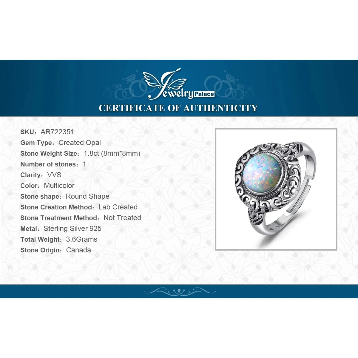 JewelryPalace Vintage 1.5ct Huge Created Opal Ring Unique Open Adjustable Cocktail 925 Sterling Silver Rings for Women Jewelry - AMULET RING STORE