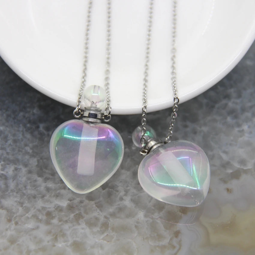5 Shape Stainless steel Chains Rainbow Aura Crystal Perfume Bottle Pendant Necklace,AB Quartz Essential Oil Diffuser Vial Charms - AMULET RING STORE