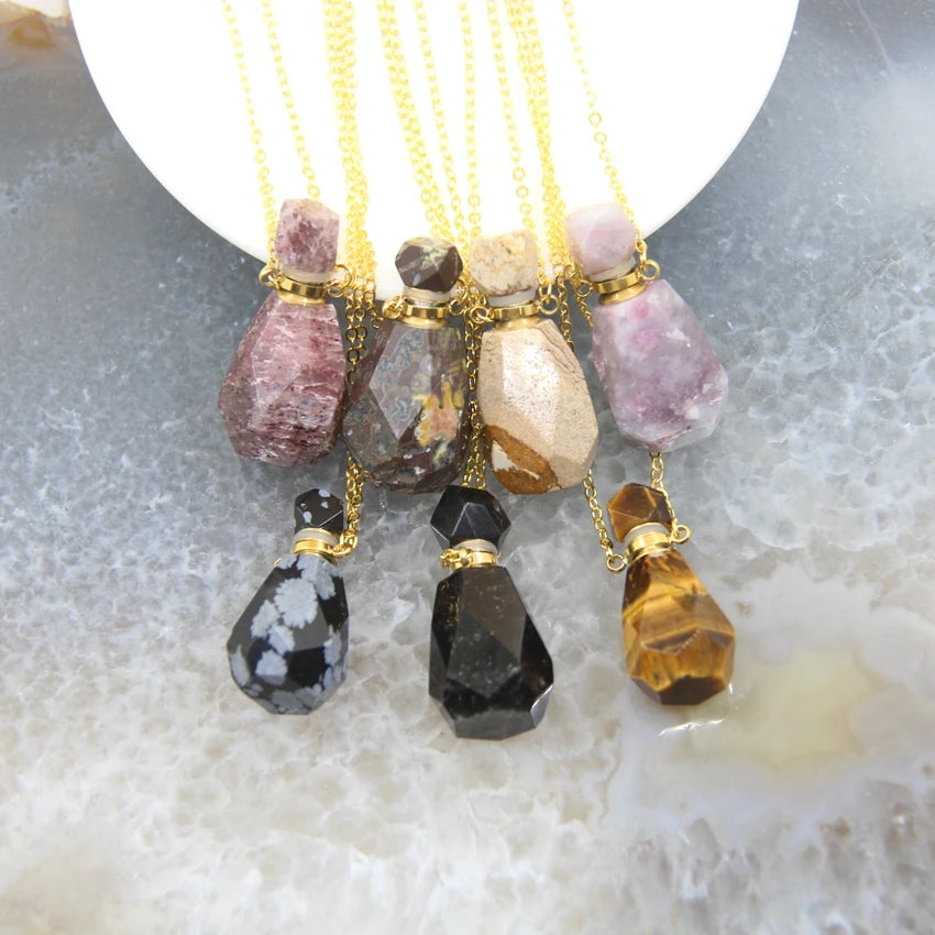 Natural Obsidian Faceted Perfume Bottle Pendants Necklaces,Pink Tourmaline Quartz Essential Oil Diffuser Vial Charms Jewelry - AMULET RING STORE