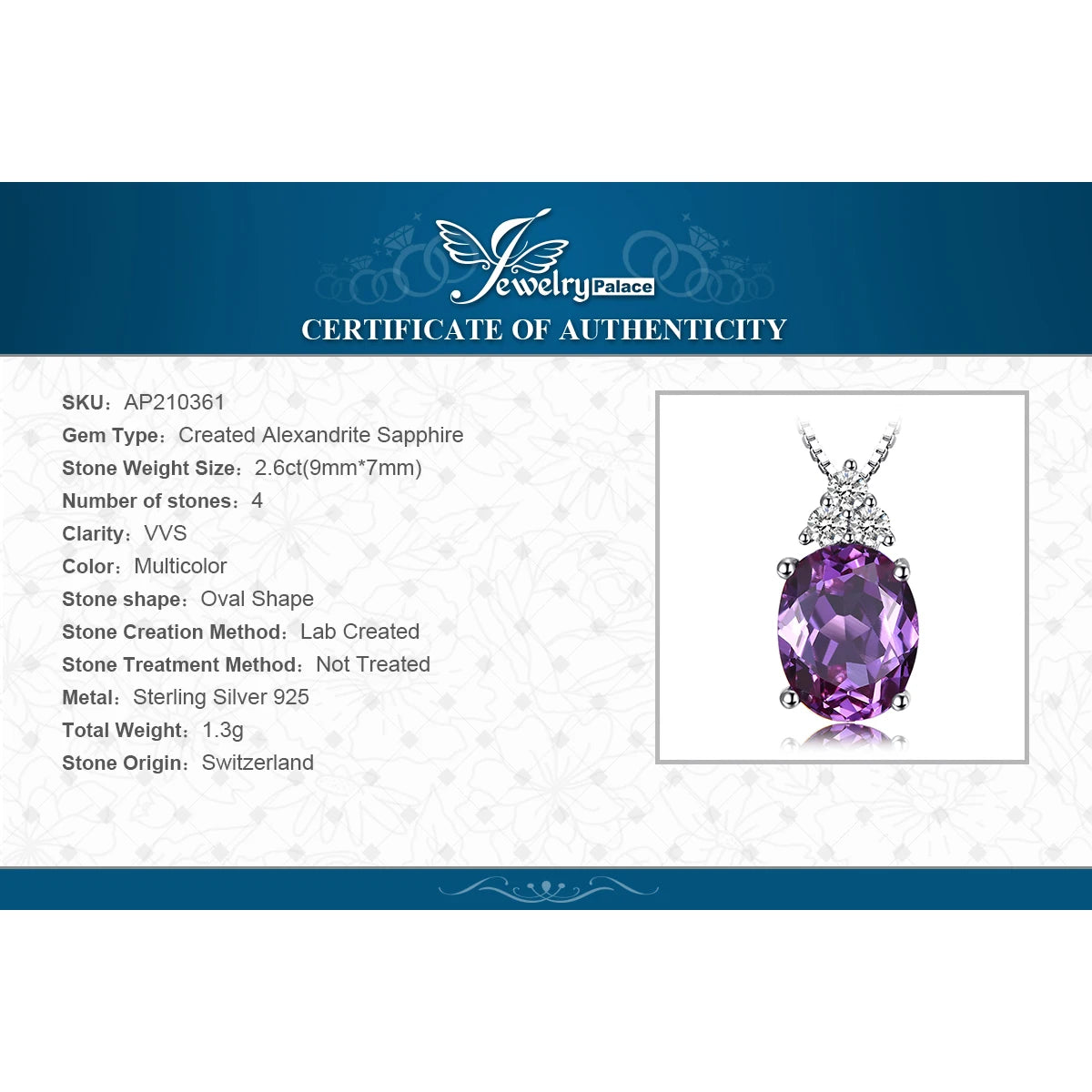 JewelryPalace Oval Purple Created Alexandrite Sapphire 925 Sterling Silver Pendant Necklace Gemstone Statement Necklace No Chain