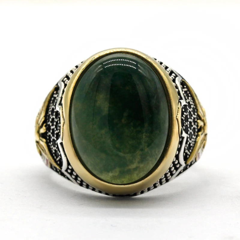 Turkey Jewelry Men Ring with Green Natural Agate Stone 925 Sterling Silver Vintage Eagle CZ Enamel Gold Ring for Women Male Gift AMULET RING STORE