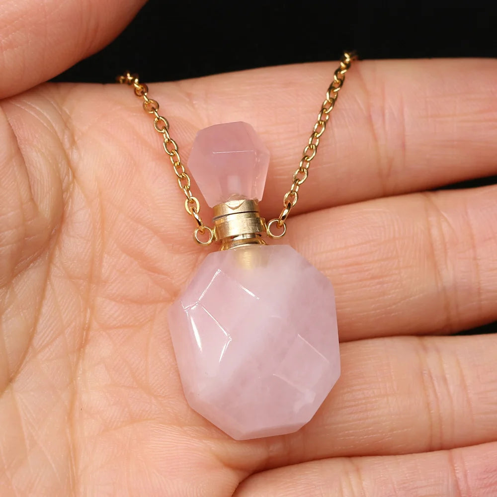 Natural Stone Perfume Bottle Necklace Pink Quartz Pendant Charms For Elegant Women Love Romantic Gift 60 CM - AMULET RING STORE