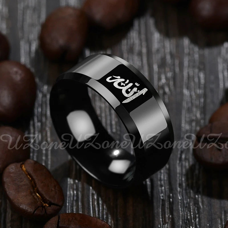 8Mm Black Muslim Allah Ring Women Men Islam Arabic God Messager