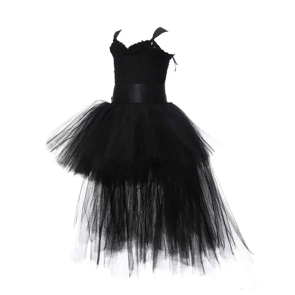 Girls Pink Black Tutu Dress V-neck Train Girl Evening Birthday Party Tulle Dresses Girl Ball Gown Dress Kids Halloween Costumes