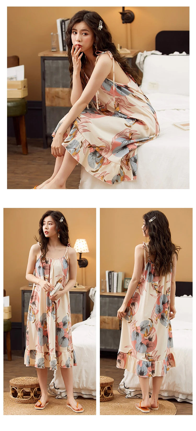 Women Nightgowns Cotton Night Dress Sexy Spaghetti Strap V-Neck Casual Home Dress Night Shirt Floral Print Sleepwear Nightwear - AMULET RING STORE