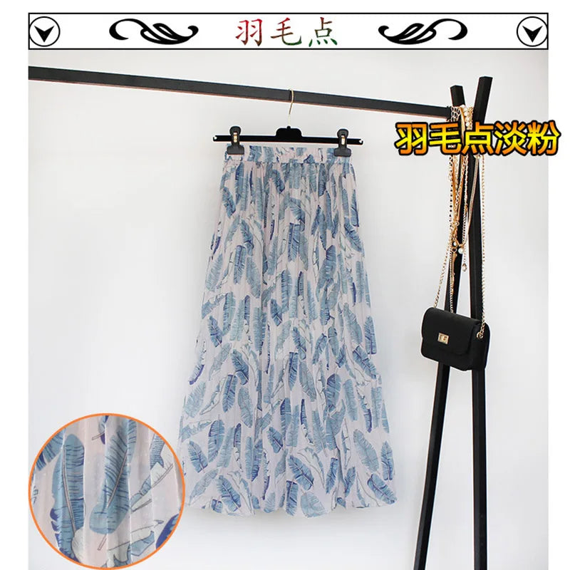 Women Summer Boho Chiffon Long Skirt Elegant Floral Print Pleated Skirts Elastic High Waist Casual Midi Skirt Women Clothes 2021