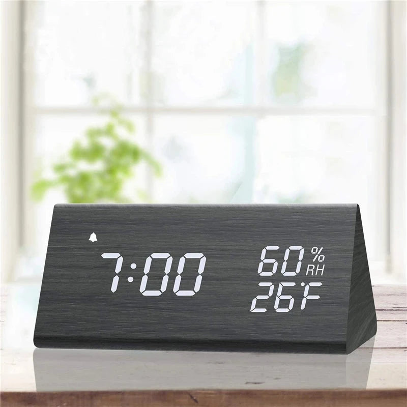 Wooden Alarm Clock Clock LED Time Display USB Charger Humidity and Temperature Detection Digital Alarm Clock For Bedside Table