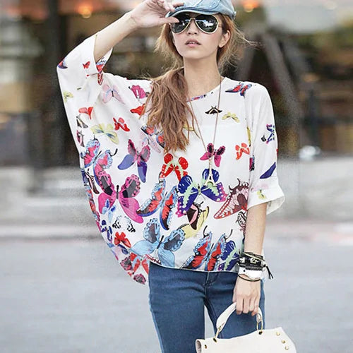 Summer Blouse Shirt 2021 New Fashion Women Casual Chiffon Blouses Tops Plus Size 4XL 5XL 6XL Batwing Sleeve Women's Shirts - AMULET RING STORE
