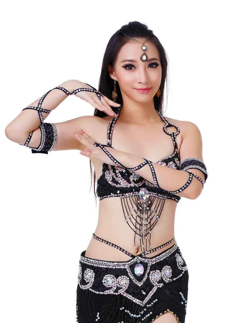 Women Sexy Belly Dance Beaded Top Bra & Belt 2pieces Belly Dance Costume Outfit Set Female Bollytwood Dance Costume 11 Colors