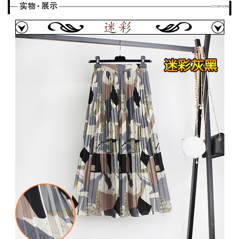 Women Summer Boho Chiffon Long Skirt Elegant Floral Print Pleated Skirts Elastic High Waist Casual Midi Skirt Women Clothes 2021