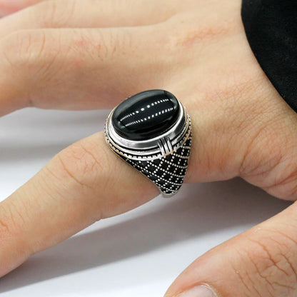 925 Sterling Silver Men Ring Bezel Setting Natural Black Agate Stone Retro Punk Thai Silver Ring for Man Women Silver Jewelry AMULET RING STORE