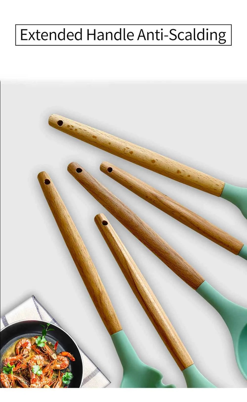 Silicone Kitchenware Cooking Utensils Set Non-stick Cookware Spatula Shovel Egg Beaters Wooden Handle Kitchen Cooking Tool Set