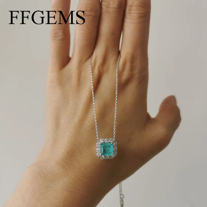 FFGems Brazilian Paraiba Emerald Tourmaline Necklace Created Gemstone Square for Women Fine Jewelry Pendant Party Wedding Gift