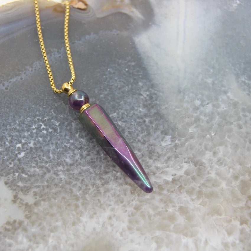 New! Rainbow Aura Titanium Raw Crystal Point Perfume Bottle Necklace Pendants,AB Quartz Essential Oil Diffuser Vial Charms Chain - AMULET RING STORE