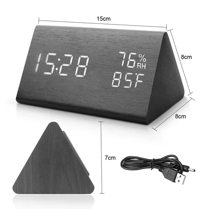 Wooden Alarm Clock Clock LED Time Display USB Charger Humidity and Temperature Detection Digital Alarm Clock For Bedside Table
