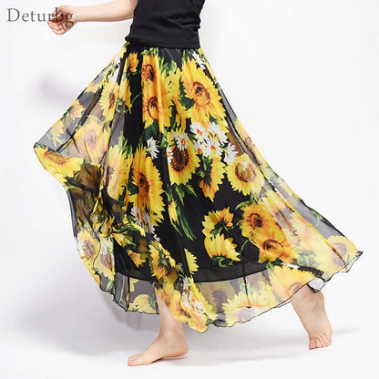 New Fashion 2025 Women's BOHO Elegant Florals Print Chiffon Long Skirt Ladies Slim High-Waist Elastic Waist Pleated Skirts SK15