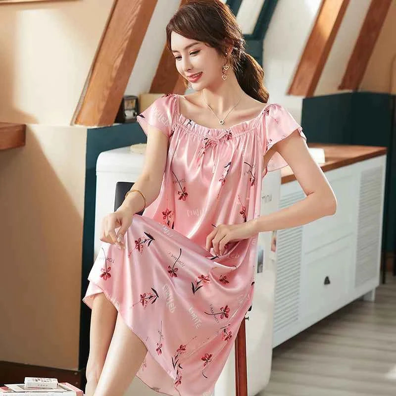 Large Size Lady Sexy Silk Nightgowns Women Casual Chemise Nightie Nightwear Lingerie Nightdress Sleepwear Dress Summer Clothes