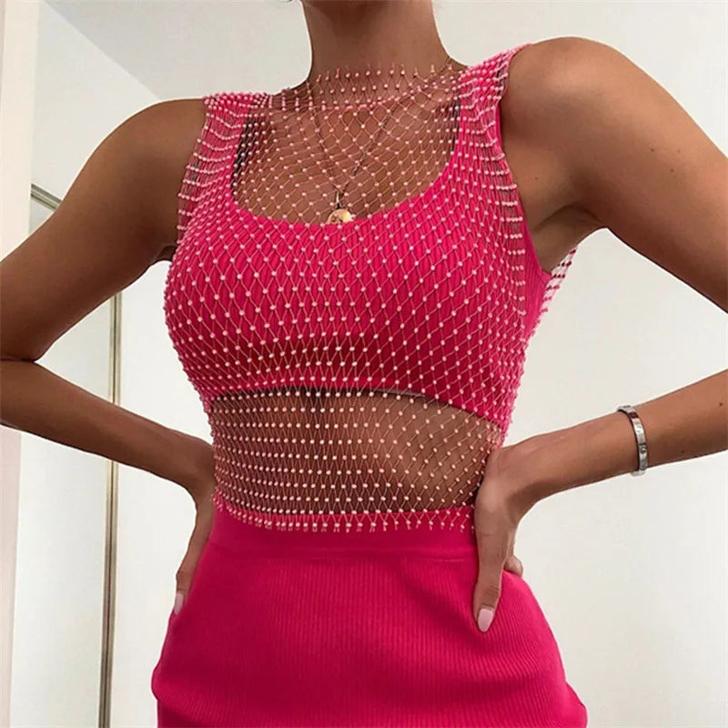 Women's Fishnet Rhinestone Crop Top 2024 Summer Sexy Mesh High Elastic Black White Shirt Net See Through Rave Diamond Tank Top - AMULET RING STORE