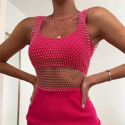 Women's Fishnet Rhinestone Crop Top 2024 Summer Sexy Mesh High Elastic Black White Shirt Net See Through Rave Diamond Tank Top - AMULET RING STORE