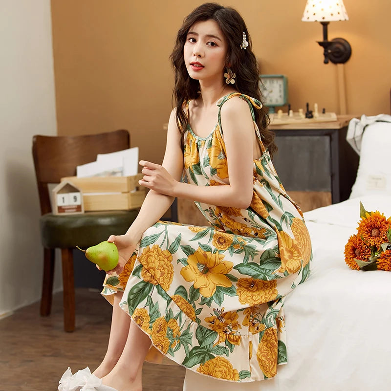 Women Nightgowns Cotton Night Dress Sexy Spaghetti Strap V-Neck Casual Home Dress Night Shirt Floral Print Sleepwear Nightwear - AMULET RING STORE