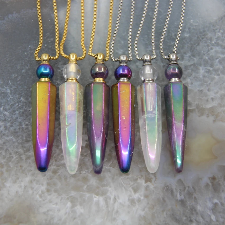 New! Rainbow Aura Titanium Raw Crystal Point Perfume Bottle Necklace Pendants,AB Quartz Essential Oil Diffuser Vial Charms Chain - AMULET RING STORE