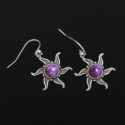 Vintage Boho Natural Charoite Drop Earrings for Women Sunflower Shaped Dangle Earings Statement Party Anniversary Jewelry Gifts