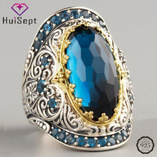 HuiSept Vintage Silver 925 Ring Sapphire Gemstones Zircon Ornament Rings