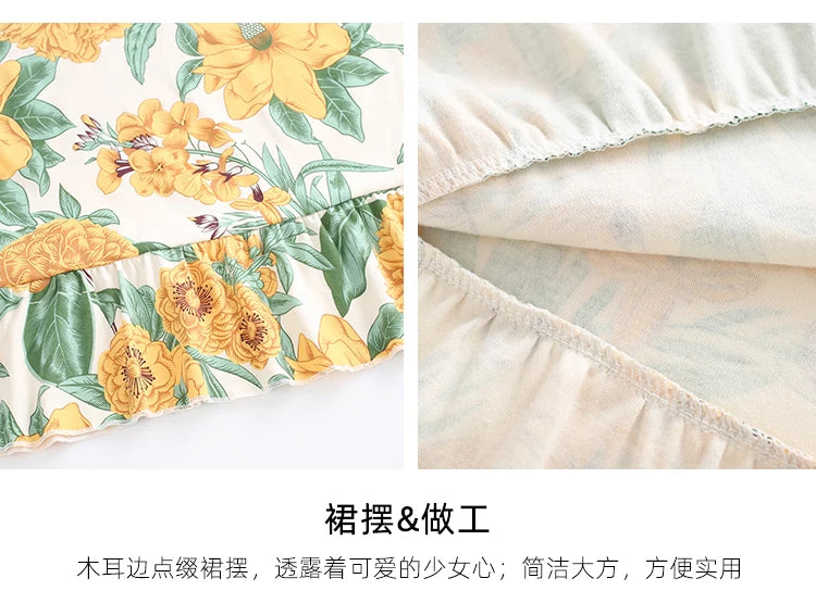 Women Nightgowns Cotton Night Dress Sexy Spaghetti Strap V-Neck Casual Home Dress Night Shirt Floral Print Sleepwear Nightwear - AMULET RING STORE