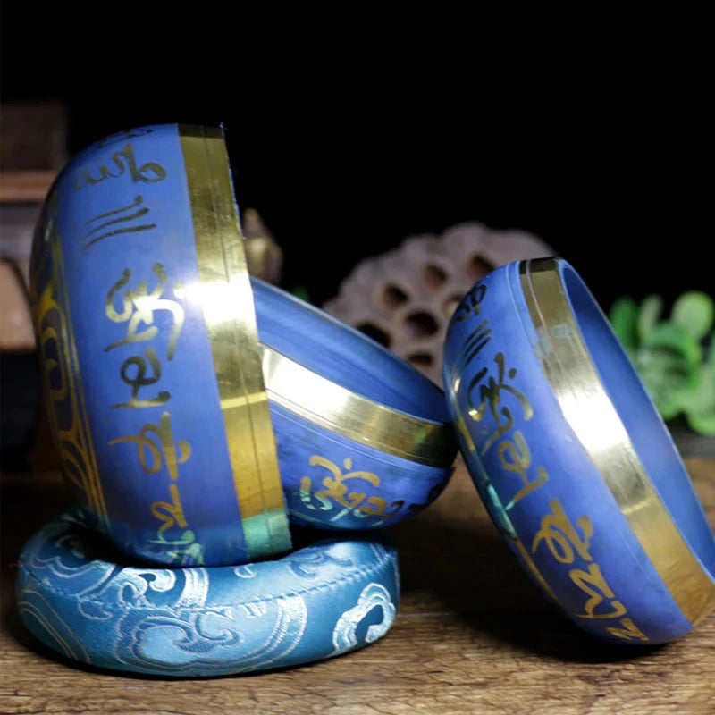 Silent Mind Tibetan Singing Bowl Set Blue Color Design With Dual Surface Mallet and Silk Cushion Promotes Peace - AMULET RING STORE