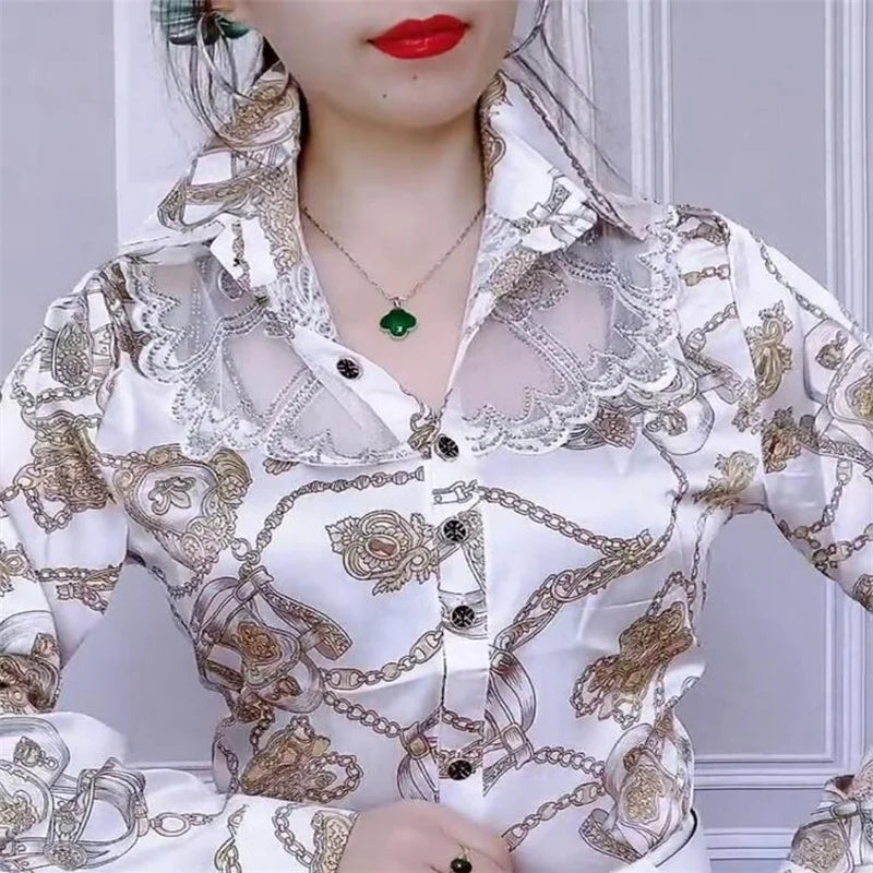 Trendy Streetwear Offce Women Blouses Hot drill Mesh Chiffon Shirts Long sleeve Lapel Buttons Female Blusas Tops Casual Shirts