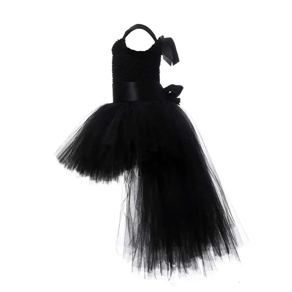 Girls Pink Black Tutu Dress V-neck Train Girl Evening Birthday Party Tulle Dresses Girl Ball Gown Dress Kids Halloween Costumes