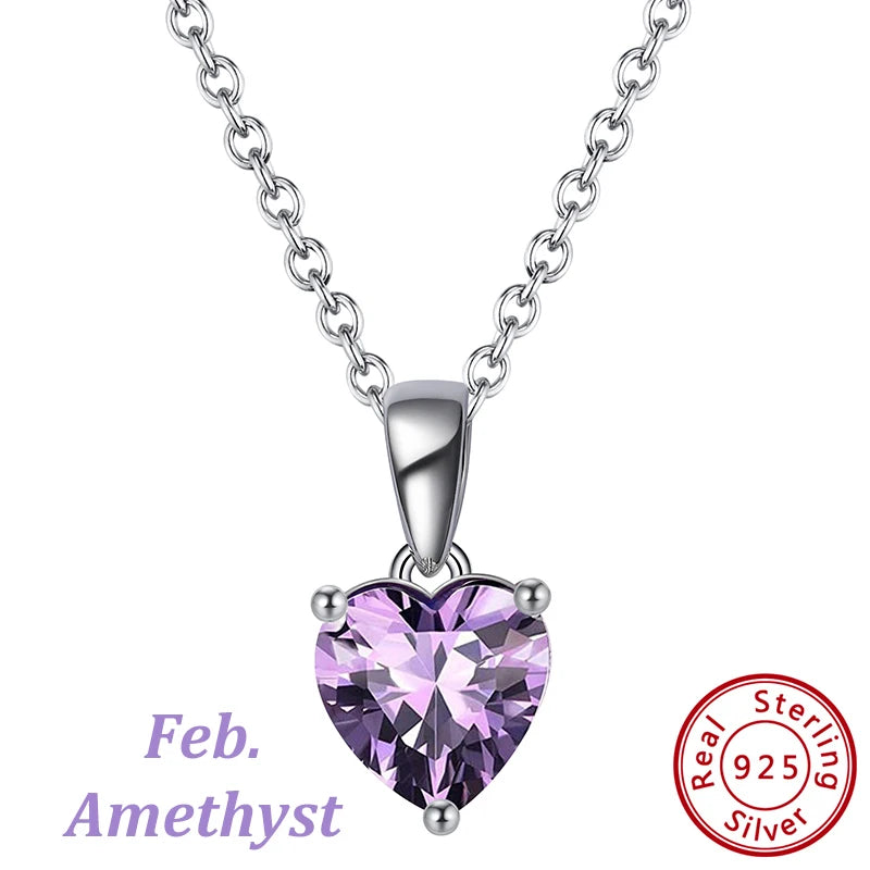 ORSA JEWELS 925 Sterling Silver 12 Color Heart Shaped Birthstone Pendant Necklace Woman Girl's Lucky Birthday Jewelry Gift APN02
