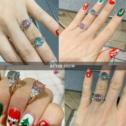 Women's Jewelry S925 Silver Rings White Pink Light Blue Champagne Zircon Oval Wedding Ring