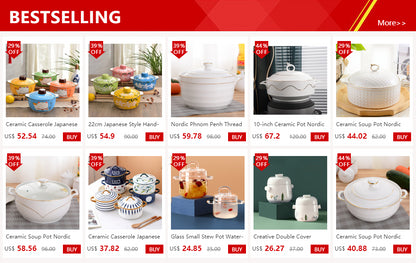 Ceramic Soup Pot Nordic Phnom Penh White Round 2.6L Large Bowl with Lid Cooking Utensils Household Kitchen Supplies Tableware - AMULET RING STORE