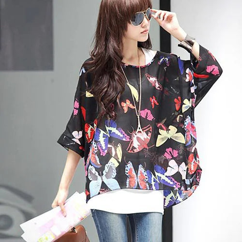 Summer Blouse Shirt 2021 New Fashion Women Casual Chiffon Blouses Tops Plus Size 4XL 5XL 6XL Batwing Sleeve Women's Shirts - AMULET RING STORE