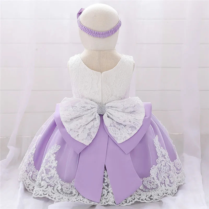 Newborn Long Sleeve Baby Girl Dresses Party Wedding Girl Lace Big Bow Dresses Infant Girl 1st Birthday Princess Baptism Dress