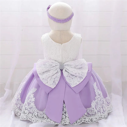 Newborn Long Sleeve Baby Girl Dresses Party Wedding Girl Lace Big Bow Dresses Infant Girl 1st Birthday Princess Baptism Dress
