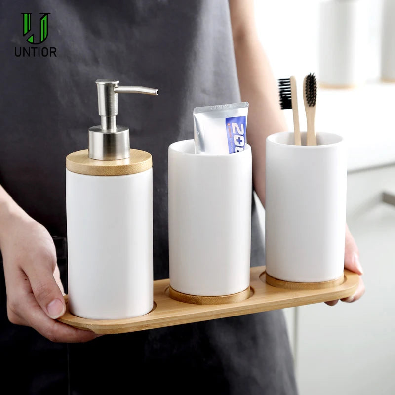 UNTIOR 3PCS Ceramic Bathroom Accessories Set Fashion Soap Dispenser Toothbrush Holder Tumbler Ceramic Household Bathroom Product - AMULET RING STORE