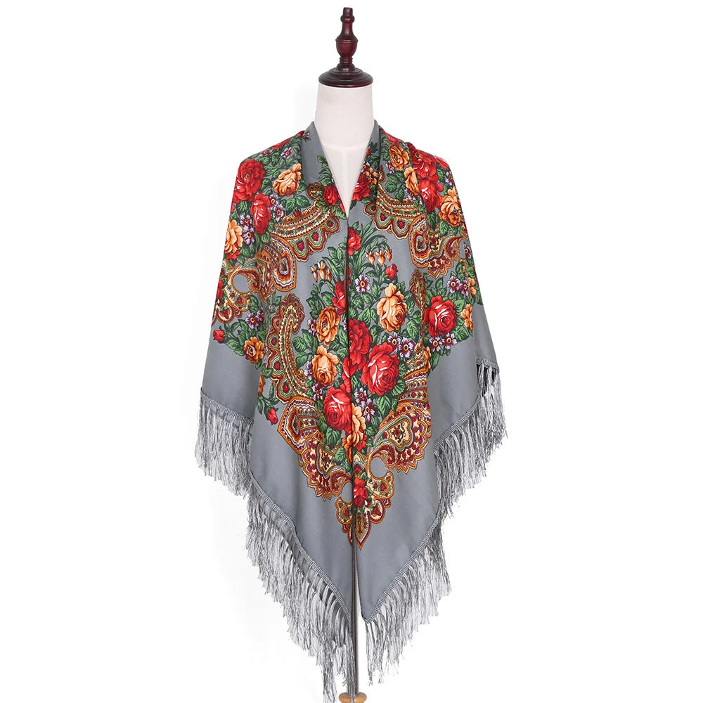Russian Scarf Head Wrap for Women Luxury Ukrainian Manila Shawls Folk Cotton 160cm National Shawl Floral Print Travel Bandana - AMULET RING STORE