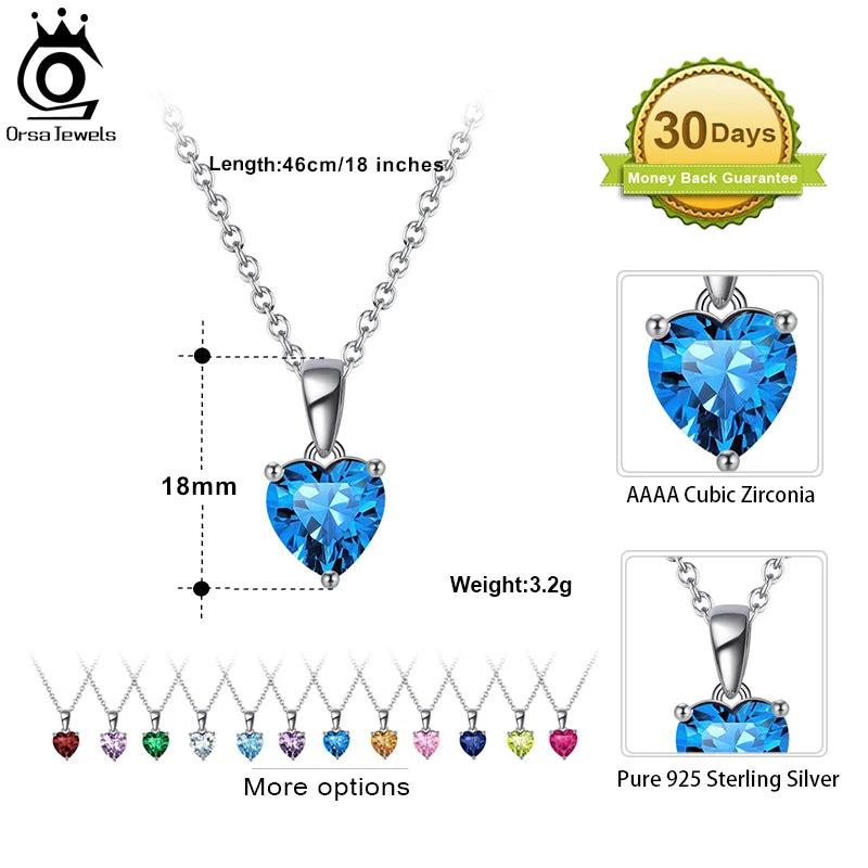 ORSA JEWELS 925 Sterling Silver 12 Color Heart Shaped Birthstone Pendant Necklace Woman Girl's Lucky Birthday Jewelry Gift APN02