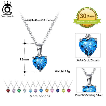 ORSA JEWELS 925 Sterling Silver 12 Color Heart Shaped Birthstone Pendant Necklace Woman Girl's Lucky Birthday Jewelry Gift APN02
