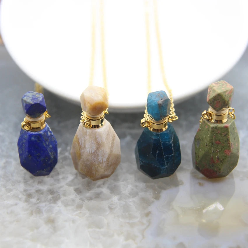 Natural Quartz Faceted Perfume Bottle Pendants Memorial Jewelry,Healing Gems Essential Oil Diffuser Vial Necklace,Women Gift - AMULET RING STORE